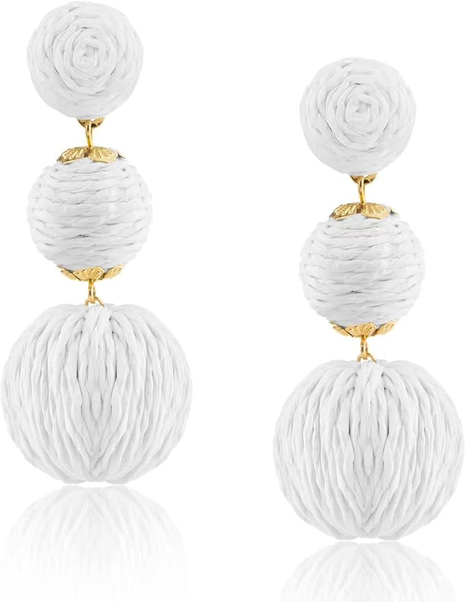 Boho Raffia Ball Earrings for Women, Statement Raffia Round Drop Earrings - Summer Beach Vacation... | Amazon (US)
