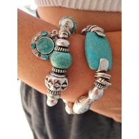 Chunky Turquoise Beaded Bracelet, Boho Antique Silver Stone Thick Charms Bracelet | Etsy (US)