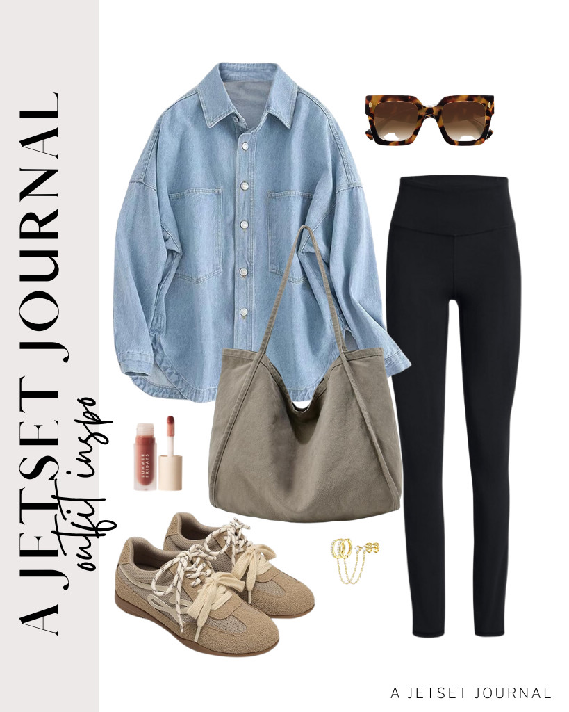 Our first outfit pairs a light blue LifeShe oversized denim shirt with high-waisted leggings from SINOPHANT. For this fit, we can wear these DREAM PAIRS retro platform sneakers and SOJOS oversized sunnies. You can also use this canvas tote bag and finish the look with Summer Fridays Dream Lip Oil.  

 #LTKSeasonal #LTKSaleAlert #LTKTravel