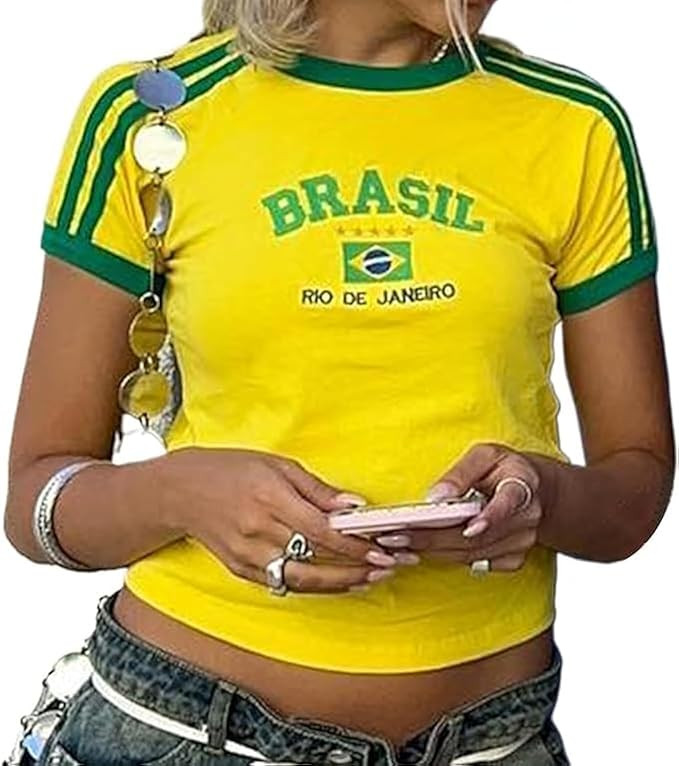 Vintage Graphic Baby Tees for Women Brazil Shirt Y2k Tops Baby Crop Tees 90s Summer Going Out Top... | Amazon (US)