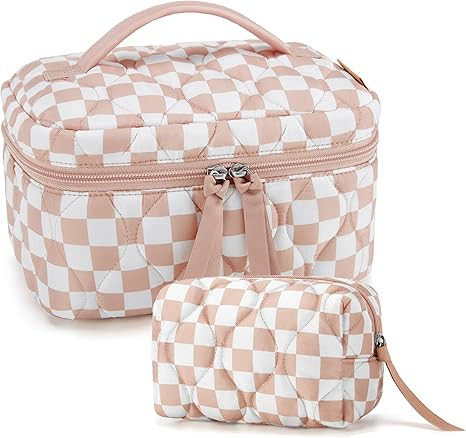 BAGSMART Travel Makeup Bag, 2-Piece Puffy Quilted Cute Make Up Bag Cosmetic Bags for Women, Large... | Amazon (US)