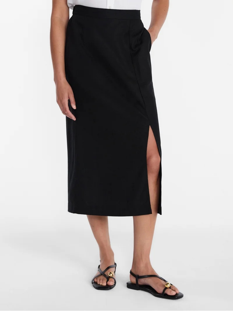 Time and Tru Women's and Women’s Plus Linen Blend Midi Skirt with Side Slit, Sizes XS-XXXL | Walmart (US)
