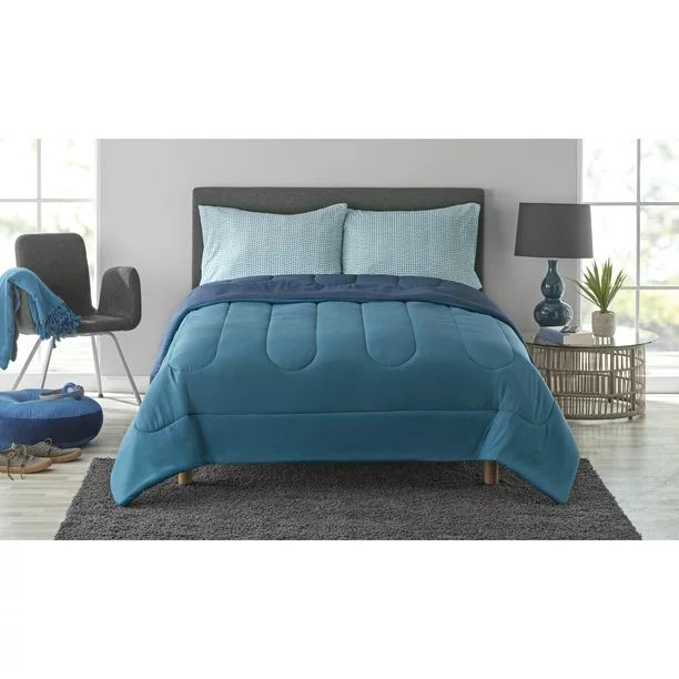 Mainstays 4-Piece Essential Bed in a Bag Solid Blue, Queen with Fitted Sheet, Pillowcases and Com... | Walmart (US)