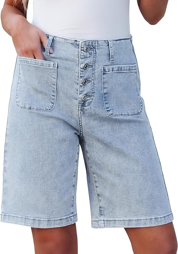 luvamia Bermuda Shorts for Women Jean High Waisted Trendy Patch Pockets Casual Summer Button Fly ... | Amazon (US)
