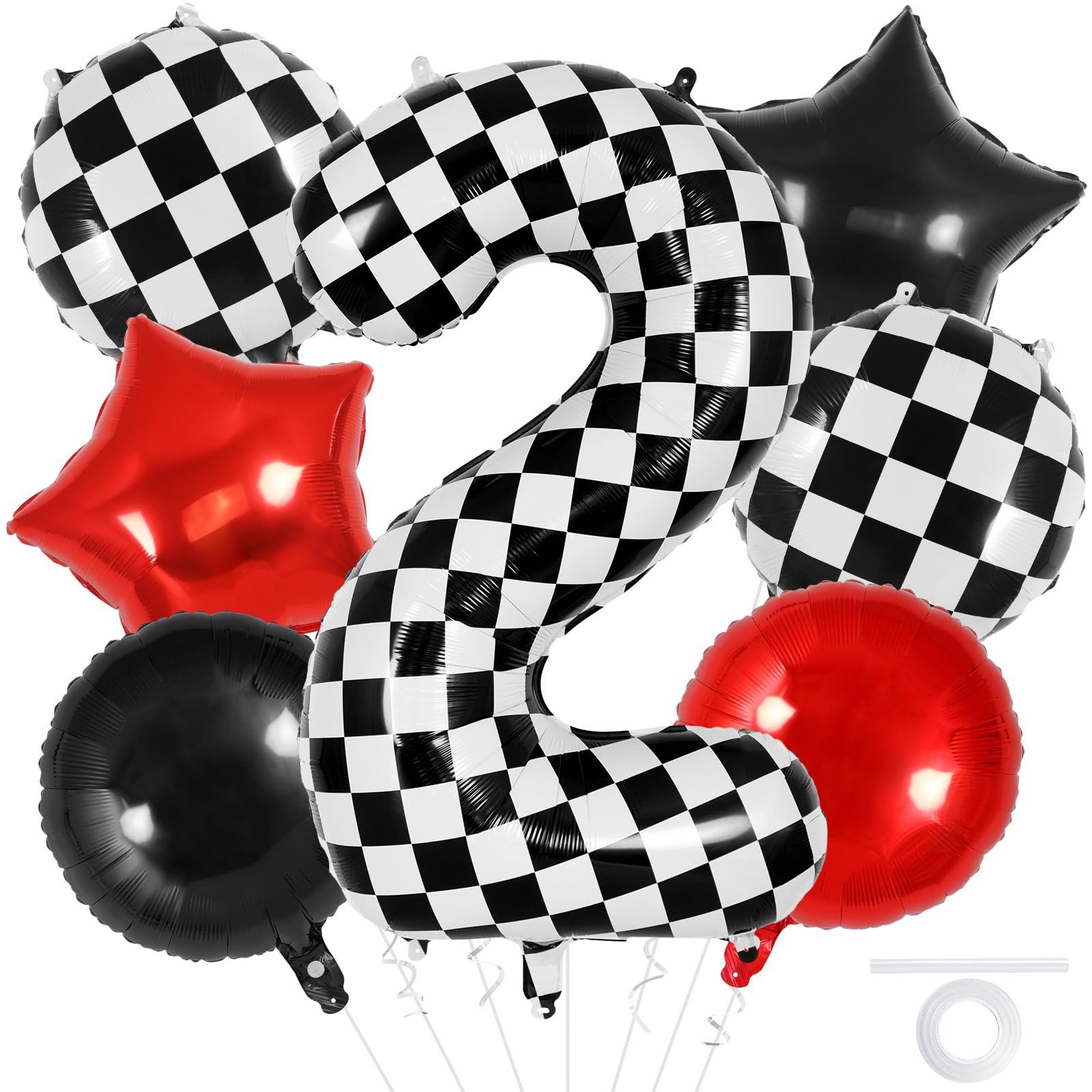 Checkered Number 2 Balloon, 40 Inch Large Foil Race Car Number Balloons, Big Black and White Chec... | Amazon (US)