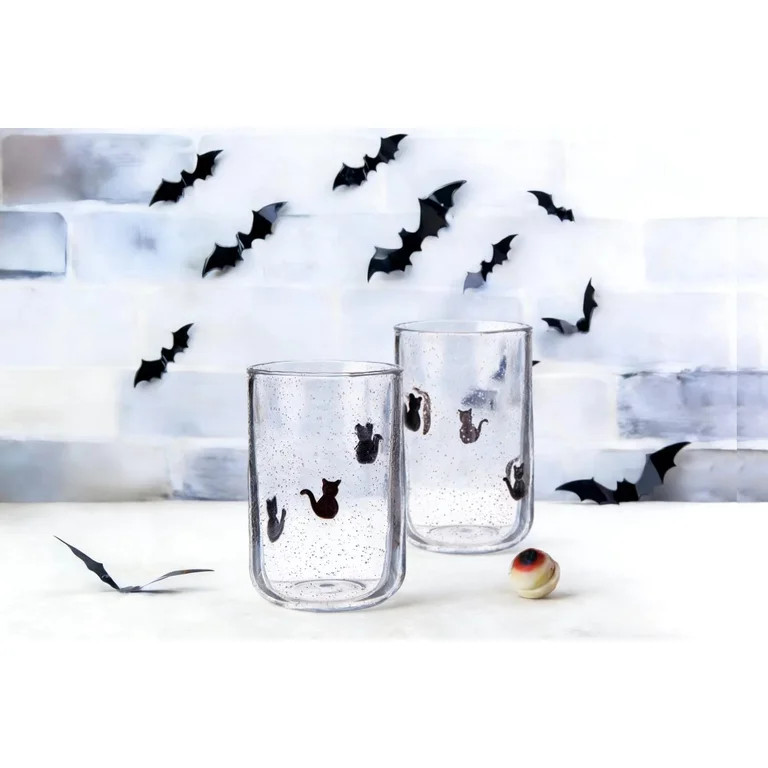 Way To Celebrate 2-Pack 16 oz Old Fashioned Glasses, Bubble Finish, Cat Halloween Design | Walmart (US)