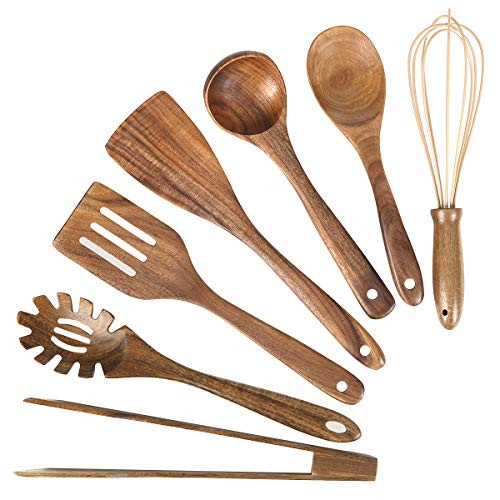 Wooden Utensil for Cooking, Wood Kitchen Utensils Cooking Set Teak Wood Spoons set for Cooking,Spatulas Non-Stick for Cookware Kitchen Spoon (7) | Amazon (US)