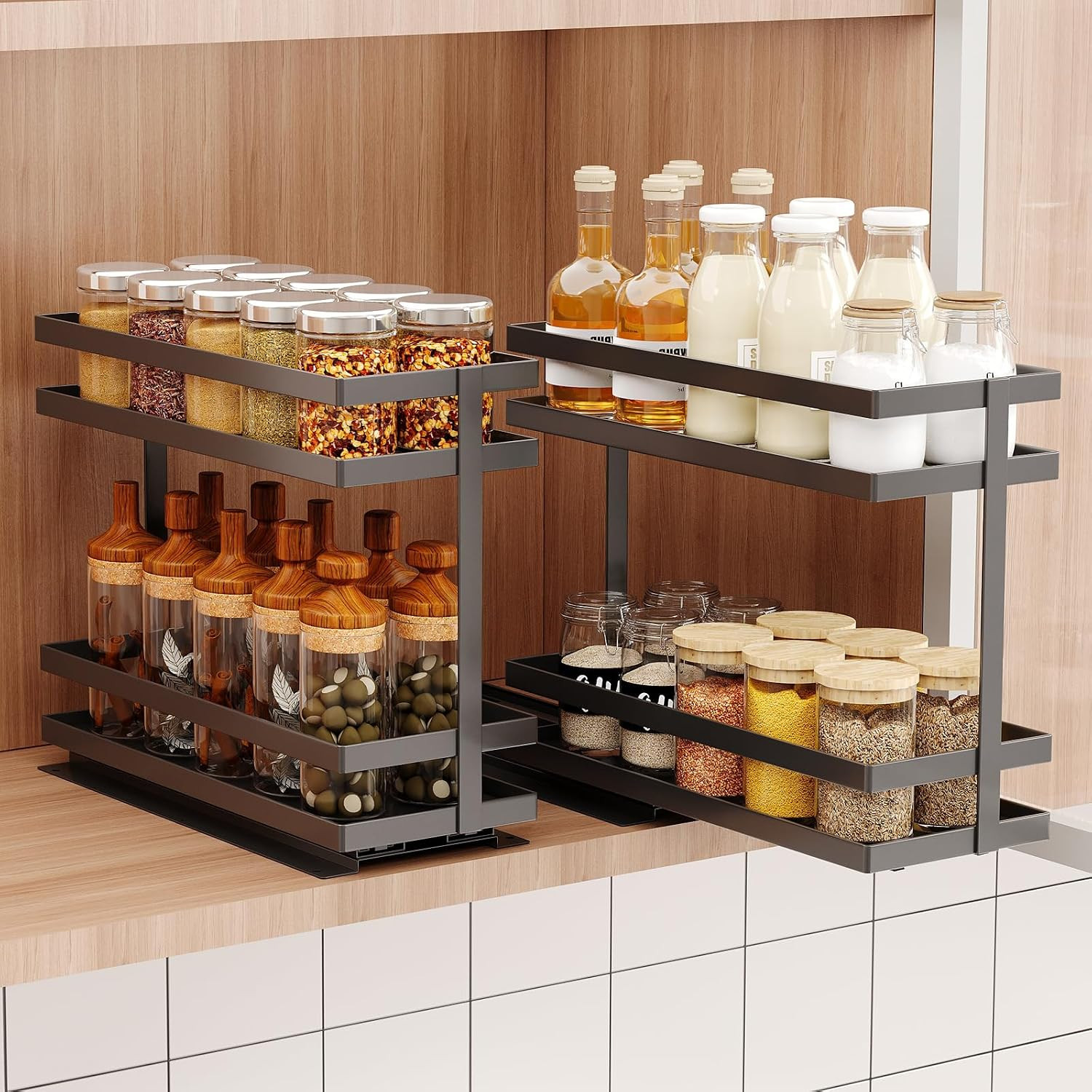 Mustorn 2 Pack Pull Out Spice Rack Organizer for Cabinet, 2 Tier Metal Slide Out Seasoning Organizer and Storage Heavy Duty Vertical Spice Rack Shelf Pullout for Kitchen Cabinets No Drilling (Black) | Amazon (US)