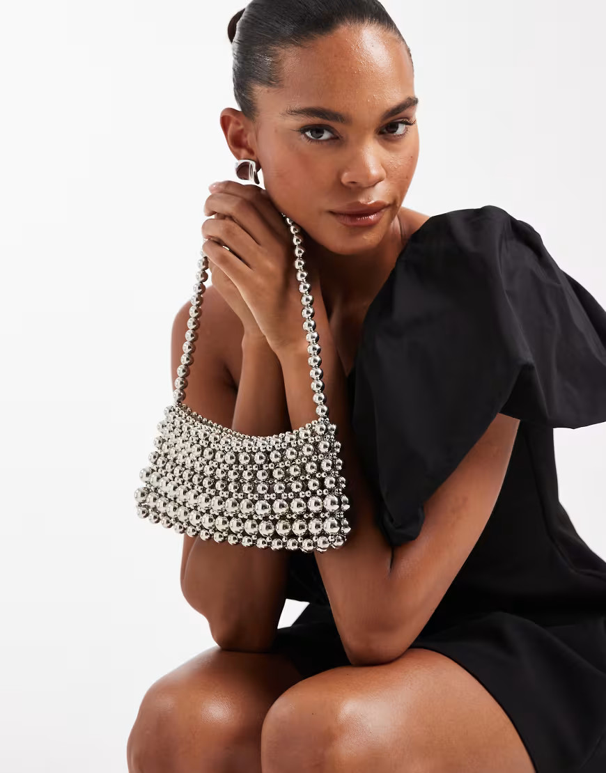 ASOS DESIGN metal beaded clutch bag in silver | ASOS (Global)
