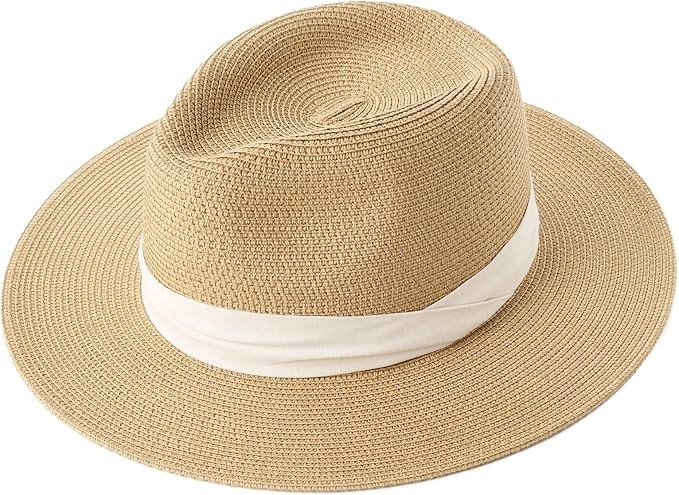 Womens Mens Wide Brim Straw Panama Hat Fedora Summer Beach Sun Hat UPF Straw Hat for Women | Amazon (US)