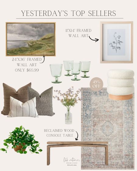 Yesterday’s Top Sellers 
Emmerson reclaimed wood console table / Etsy pillow combo set / artificial trailing Gentian plant / wild blossom art print / faux wildflower arrangement / landscape wall art / Clarkdale channel tufted ottoman with wood base / Chris loves julia x Loloi oriental rug / 4pc glass drinkware set green 

#LTKMostLoved #LTKhome #LTKsalealert