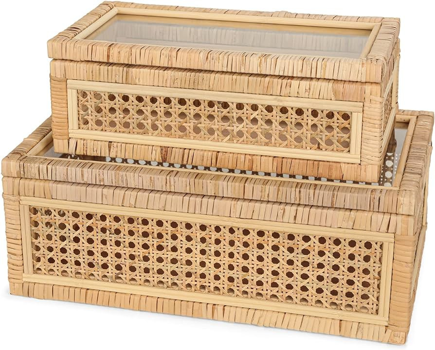 Handwoven Boho Rattan Display Boxes with Glass Lids - Set of 2 Rectangular Decorative Storage Bins - Natural Woven Cane Home Decor Organizers | Amazon (US)