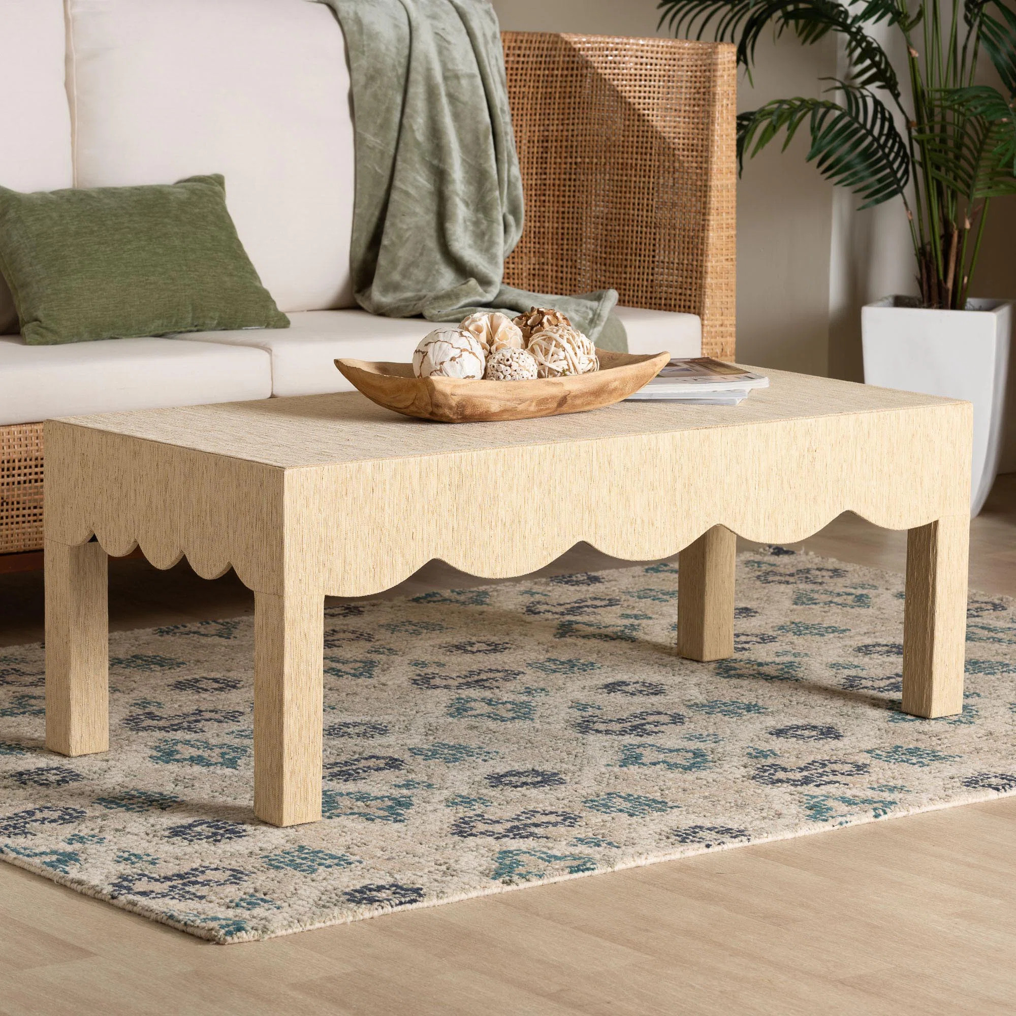 Bali & Pari Mason Natural Grasscloth Coffee Table - Rectangular Accent Table With Scalloped Apron... | Wayfair North America