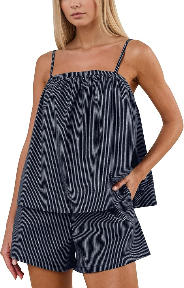 Burtell Summer Striped Short Sets Women 2 Piece Outfits Sleeveless Tank Tops Wide Leg Shorts Matc... | Amazon (US)