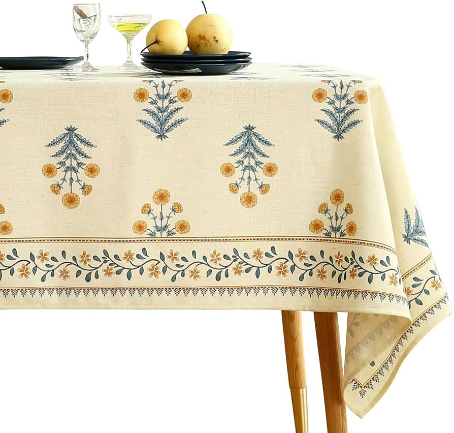 ISAENNE Designer French Pale Yellow Table Cloth for Rectangle Table,Linen Floral Tablecloth,Wrink... | Amazon (US)