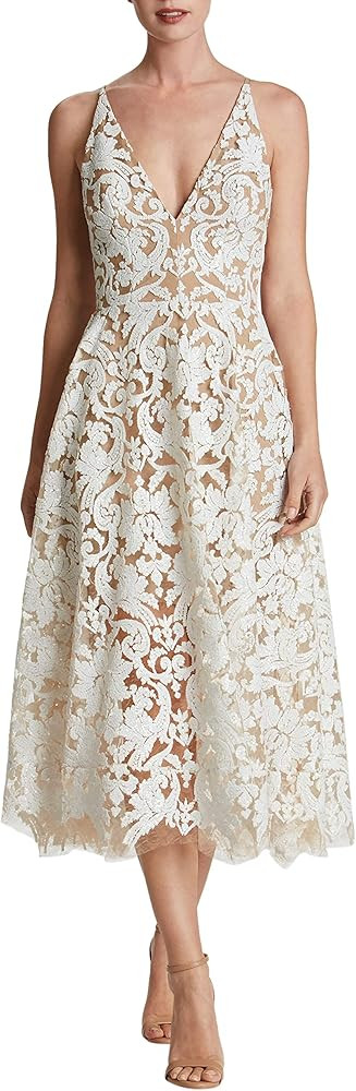 Dress the Population Women's Blair Plunging Fit and Flare Midi Dress | Amazon (US)