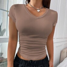 Women's Summer Basic V-Neck Slim Short Sleeve T-Shirt For Casual Wear | SHEIN