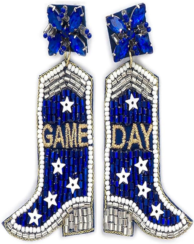 Emulily Beaded Game Day Boots Post Earrings Handmade Boots Earrings Blue and White | Amazon (US)