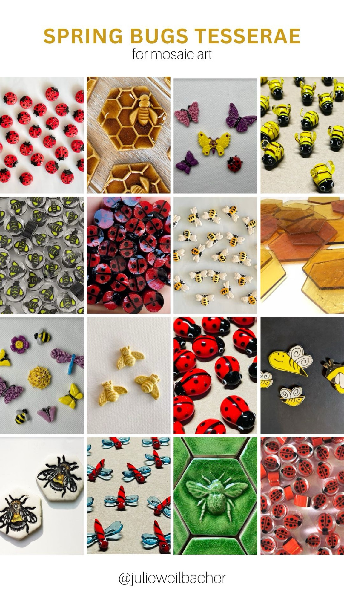 Creating a mosaic which is themed around spring bugs seems like a fun way to welcome the season! 🐞 Featured here are lady bugs, bees, butterflies, and dragonflies in gorgeous types of mosaic tesserae. Inspo includes handmade ceramic shapes, glass shapes, murrini, hand-cut stained glass shapes, and handmade ceramic tile. 🐝 For mosaic tips, tutorials, inspiration, and so much more please visit my YouTube channel: YouTube.com/julieweilbacher. 🦋 Follow @julieweilbacher on Instagram for all things mosaic art. spring art - mosaics - glass art - spring crafts - ladybug - bee - dragonfly - butterfly - mosaic art - craft supplies - ceramic tile - stained glass - crafts night in - glass tile - gifts for crafters - girls night in - gifts for glass crafters

#LTKhome #LTKSeasonal #LTKfindsunder50
