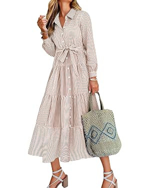 Caracilia Women Long Sleeve Maxi Dress 2025 Fall Casual Button Down Striped Plaid Tie Waist Shirt... | Amazon (US)