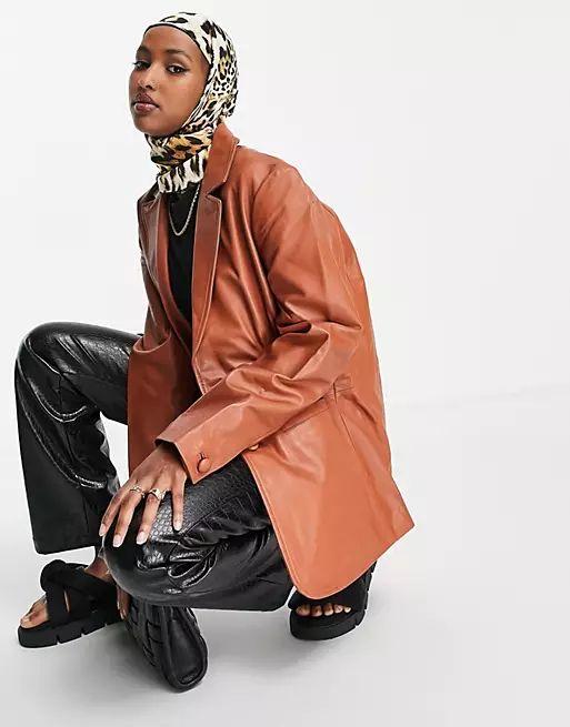 Muubaa oversized leather blazer in brown tan | ASOS (Global)