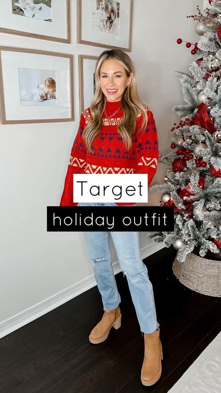 Wearing an xs in target sweater and 0 target jeans. Both run tts. Target Boots run tts. //

Target fair isle sweater. Holiday sweater. Christmas sweater. Holiday style. Holiday outfit. Winter outfit. Target denim. Mom outfit. Mom style. Target style. #targetstyle

#LTKHoliday #LTKSeasonal #LTKshoecrush