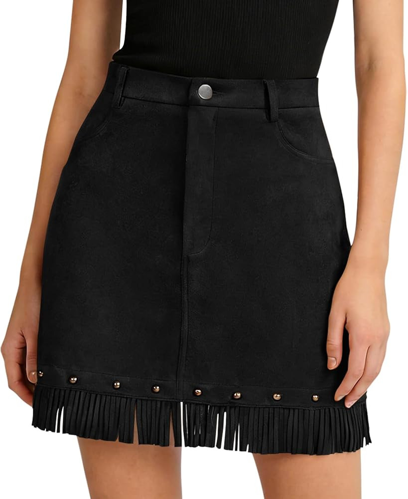 Women's Western Cowgirl Fringe Skirt, Faux Suede High-Waisted Skirt, for Country Music Festivals,... | Amazon (US)