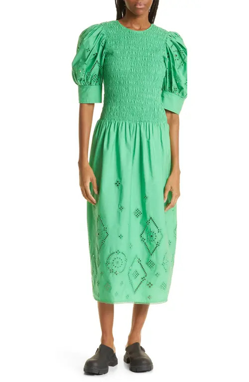 Ganni Eyelet Detail Puff Sleeve Organic Cotton Midi Dress in Kelly Green at Nordstrom, Size 6 Us | Nordstrom