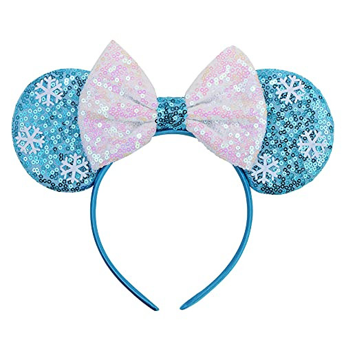 Eisyaa Snowflake Mouse Ears Bow Headbands, Sequin Frozen Elsa Minnie Ears Headband Princess Elsa Dress Up Costume Cosplay Accessories for Girls (Snowflake) | Amazon (US)