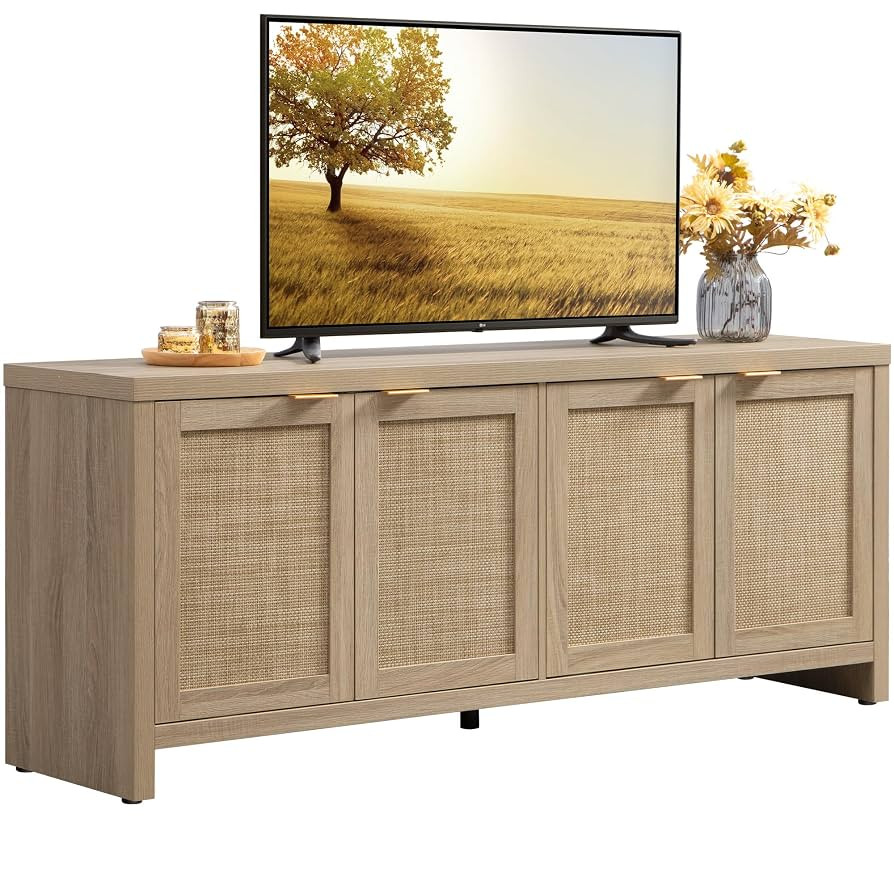 SICOTAS TV Stand for Living Room Boho Entertainment Center for Bedroom with 4 Rattan Cabinets Far... | Amazon (US)