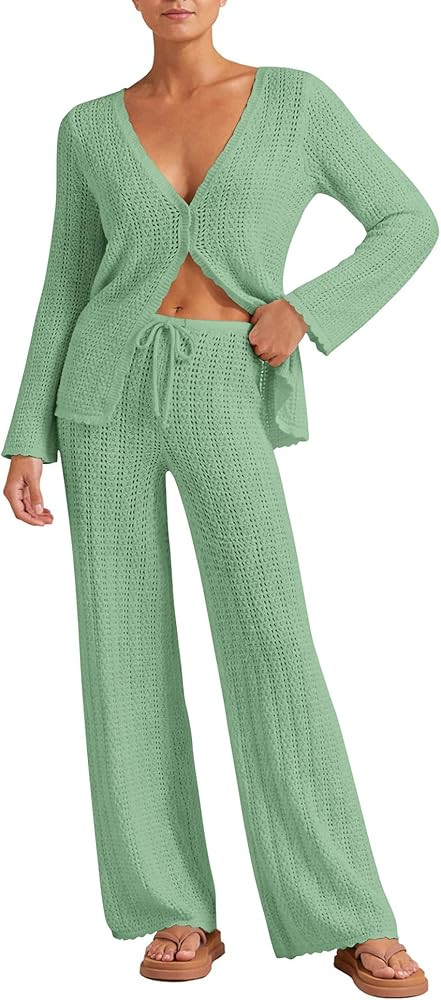 Womens Beach Cover Up Sets 2 Piece Crochet Long Sleeve Button Cardigan Top and Pants Vacation Res... | Amazon (US)