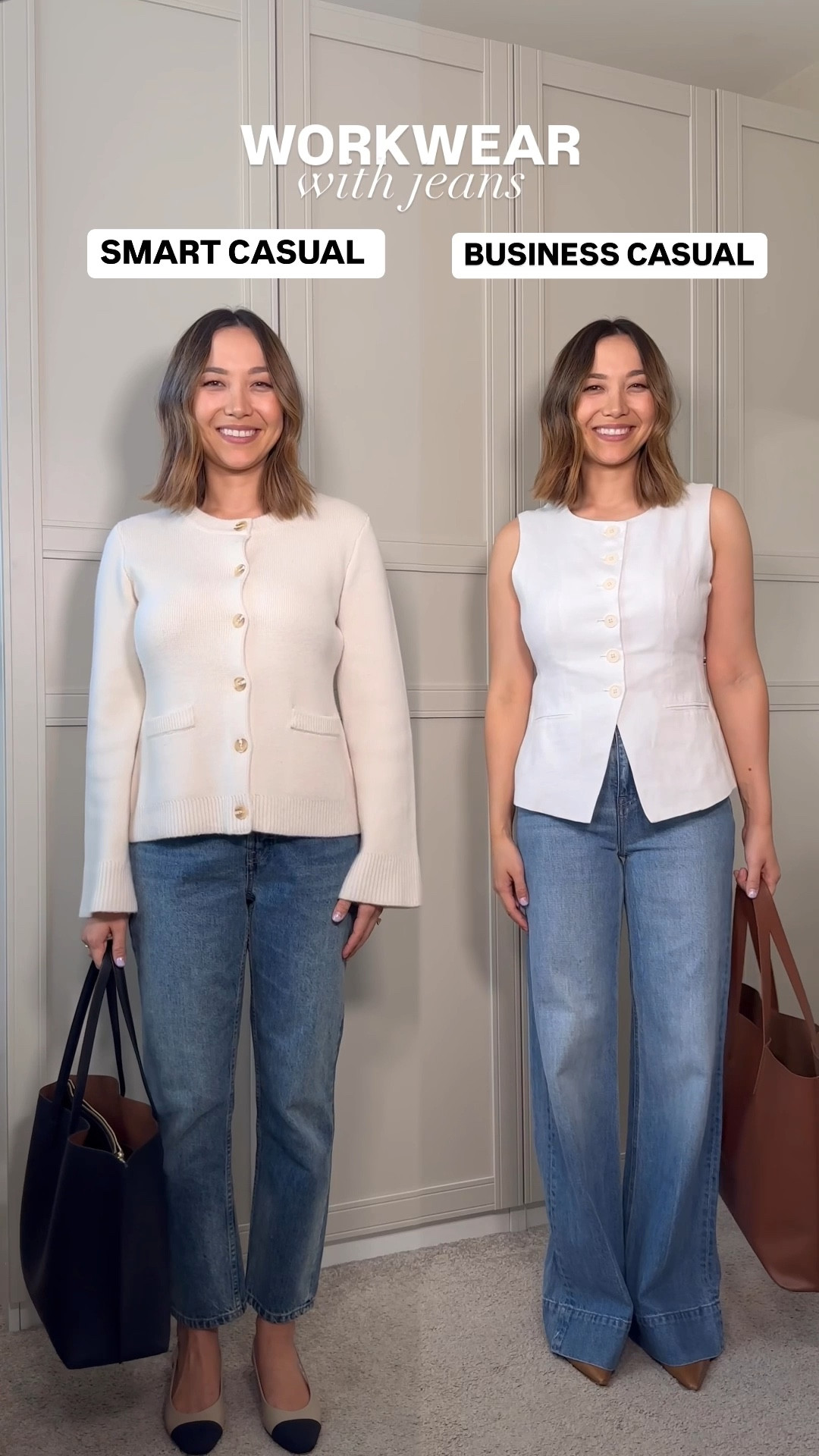 Workwear with jeans - smart casual vs business casual ideas 

Smart casual outfit 
Quince cardigan xs
Everlane 90s cheeky jean 26.5” 
Aliz Slingbacks runs half size small, narrow 

Business casual outfit 
Jcrew vest small
Jcrew jeans - regular inseam, runs one size big 

#LTKWorkwear #LTKStyleTip