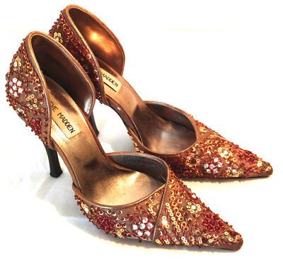 Steve Madden Heels Shoes Womens Sz 7 Beige Taupe Satin Beaded Red Gold Formal | eBay US