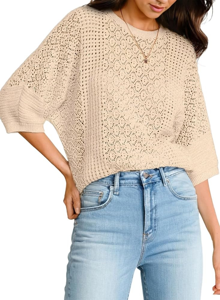 EVALESS Women's Crochet Tops Short Sleeve Hollow Out Knit Sweater Spring Summer Trendy Lightweigh... | Amazon (US)