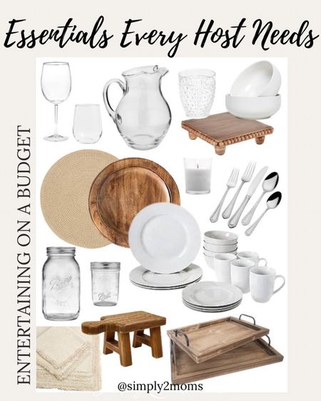 Hosting a party doesn’t have to be expensive. Build an entertaining capsule so you have all the basics to throw a memorable event. White dinnerware and serving bowls. Affordable wine glasses. Hobnail glasses and a pretty pitcher. Wood charger and woven jute placemat. Wood trivets and pedestals. Flatware, linen napkins and mason jars are all must have items. #tablescapes #entertainingathome 

#LTKstyletip #LTKhome #LTKparties