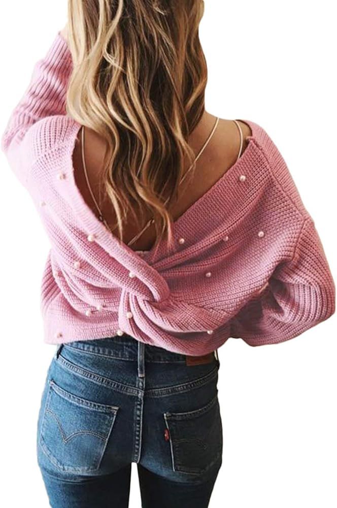 Sexyshine Women's Casual V Neck Criss Cross Backless Long Batwing Sleeve Loose Knitted Sweater Pullo | Amazon (US)