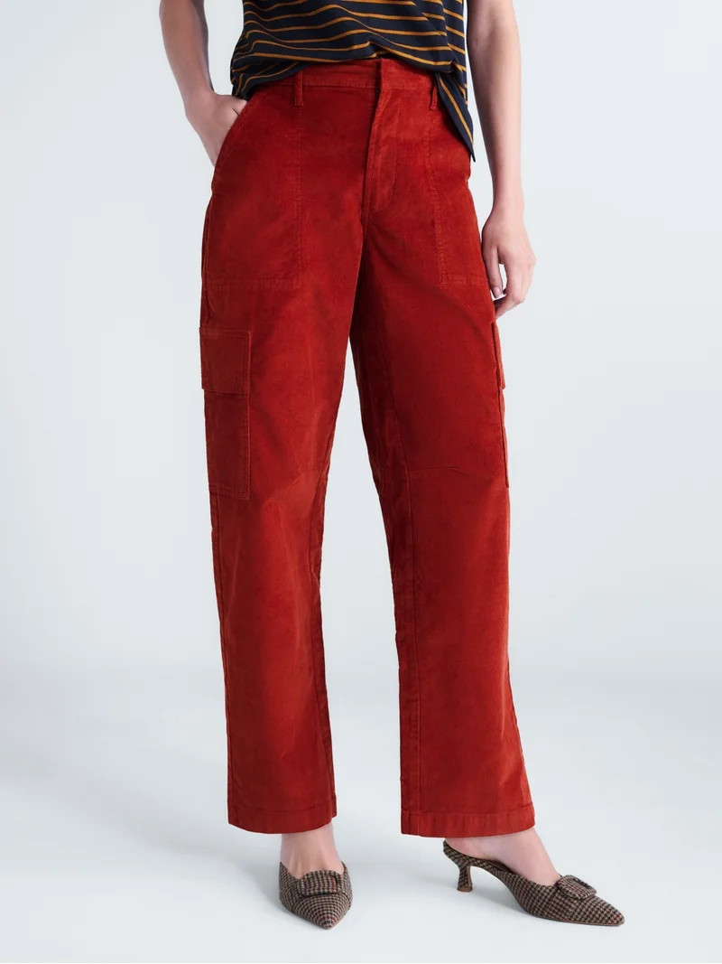 Free Assembly Women's and Women's Plus High Rise Cropped Corduroy Cargo Barrel Pants, Reg and Sho... | Walmart (US)