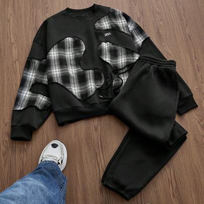 Men's Knitted Fashion Casual Young Loose Embroidered Sweatshirt & Drawstring Waist Ankle-Tied Pants 2-Piece Suit Set | SHEIN