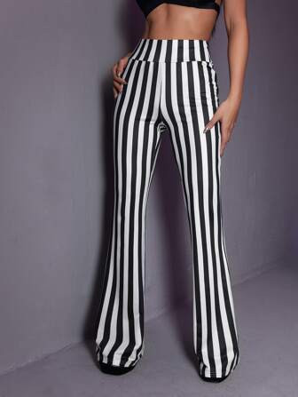 SHEIN Essnce Striped Black & White Contrast Waistband Bodycon Flared Pants | SHEIN USA | SHEIN
