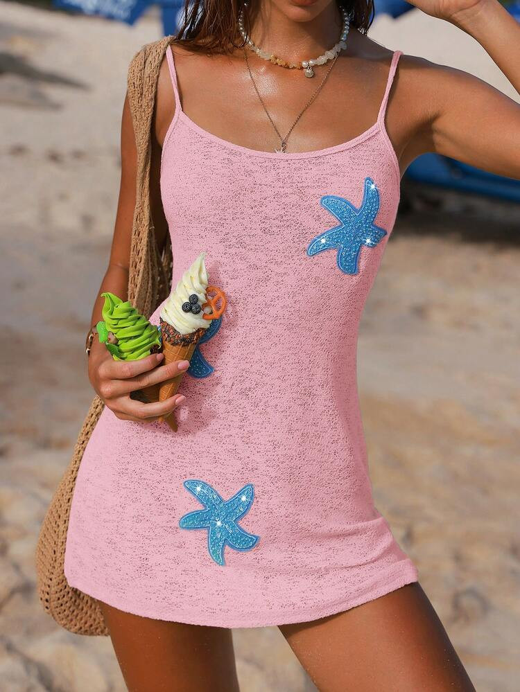 Swim Mod Women's Elegant Vacation 3D Starfish Tassel Mint Green Energetic Cover-Up Dress Summer Tops Women Vacation Beach Dress Vacation Cute Beach Tops Starfish Bathing Suit Beachy Clothes Women | SHEIN