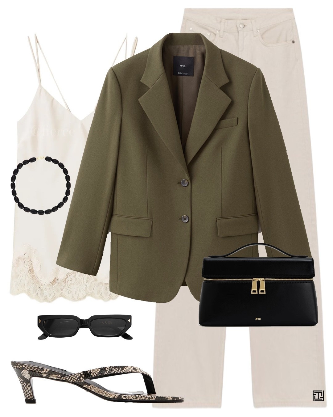 Khaki green blazer cream jeans lace trim top snake heeled sandals chic outfit date night 

#LTKeurope #LTKuk #LTKspring