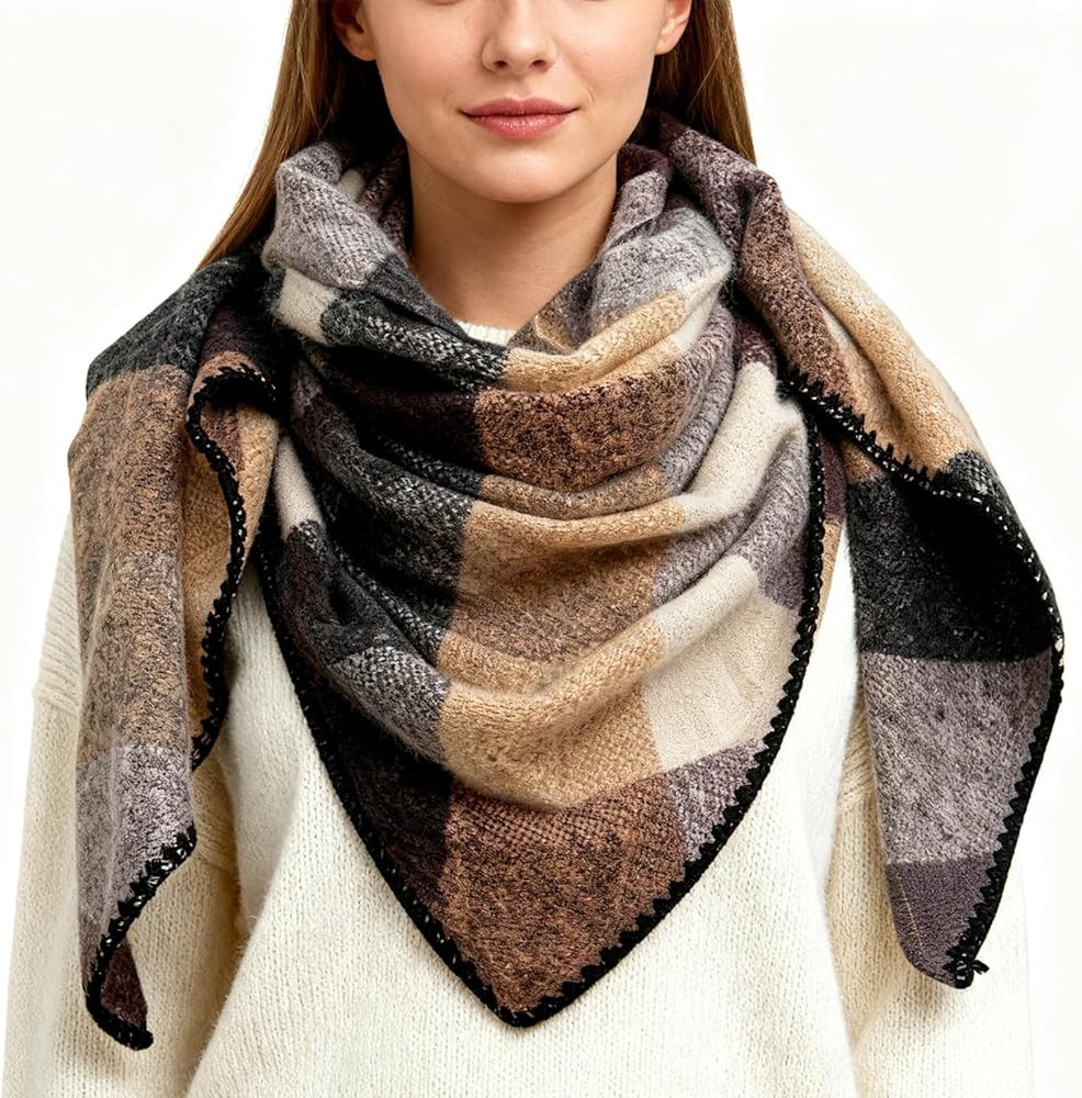 Damen Schal, Übergroß Web Dreieck Winterschal mit buntem Karo Muster, Warmer und weicher Dreiec... | Amazon (DE)