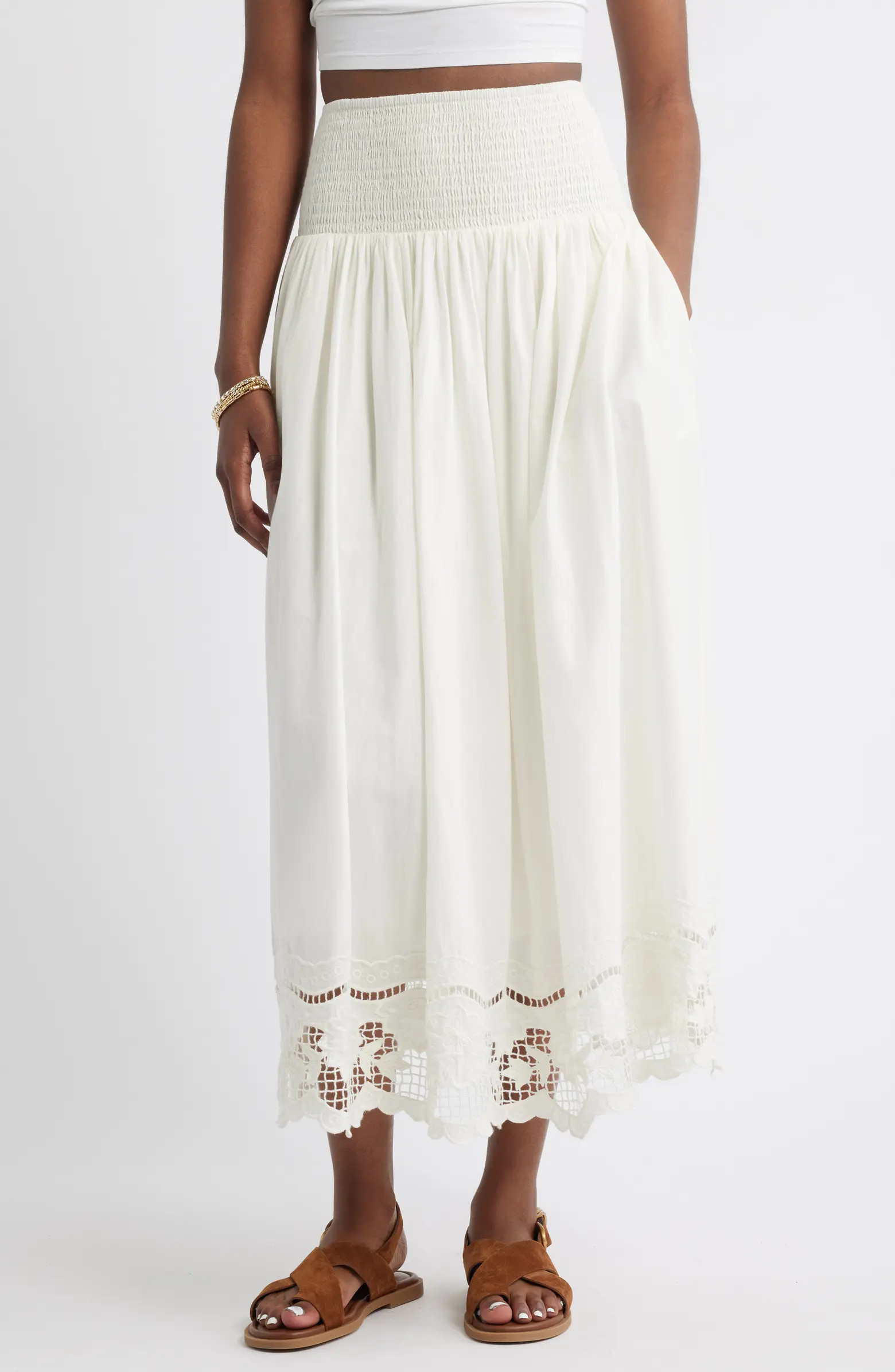 Embroidered Eyelet Cotton Smocked Waist Skirt | Nordstrom
