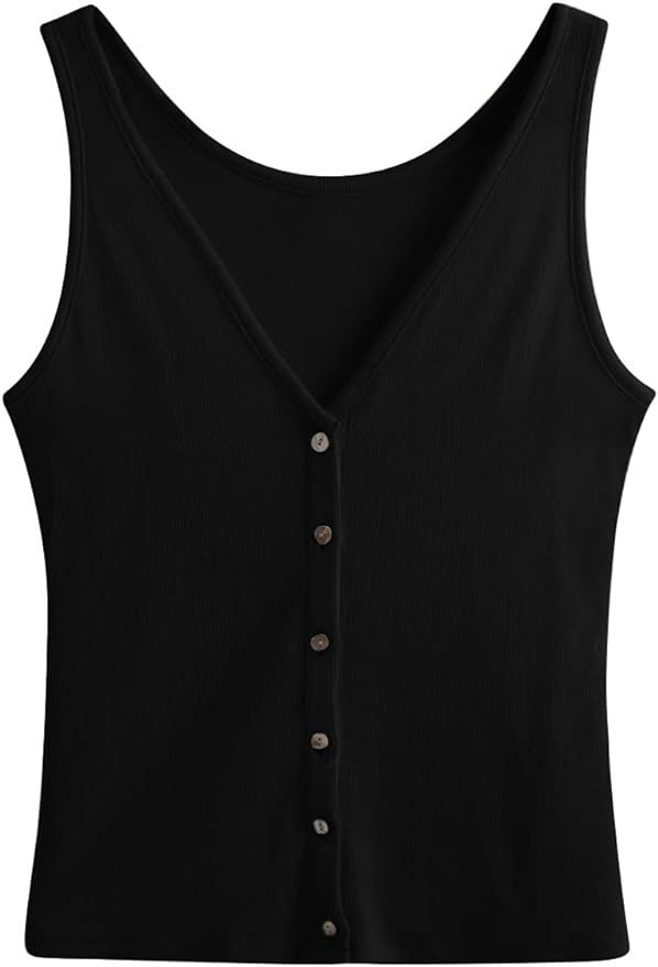 SweatyRocks Women's Sleeveless Button Front V Neck Racerback Ribbed Knit Slim fit Solid Tank Top | Amazon (US)