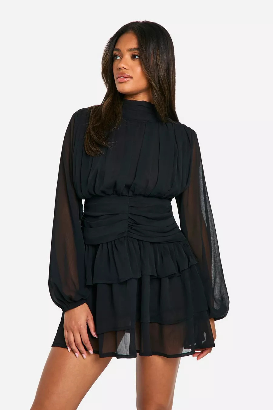 High Neck Gathered Chiffon Mini Dress | Boohoo.com (UK & IE)