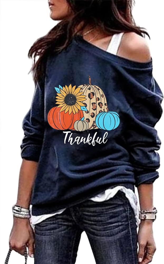MOUSYA Thanksgiving Sweatshirt Women Pumpkin Off the Shoulder Pullover Tops Thankful Letter Print... | Amazon (US)