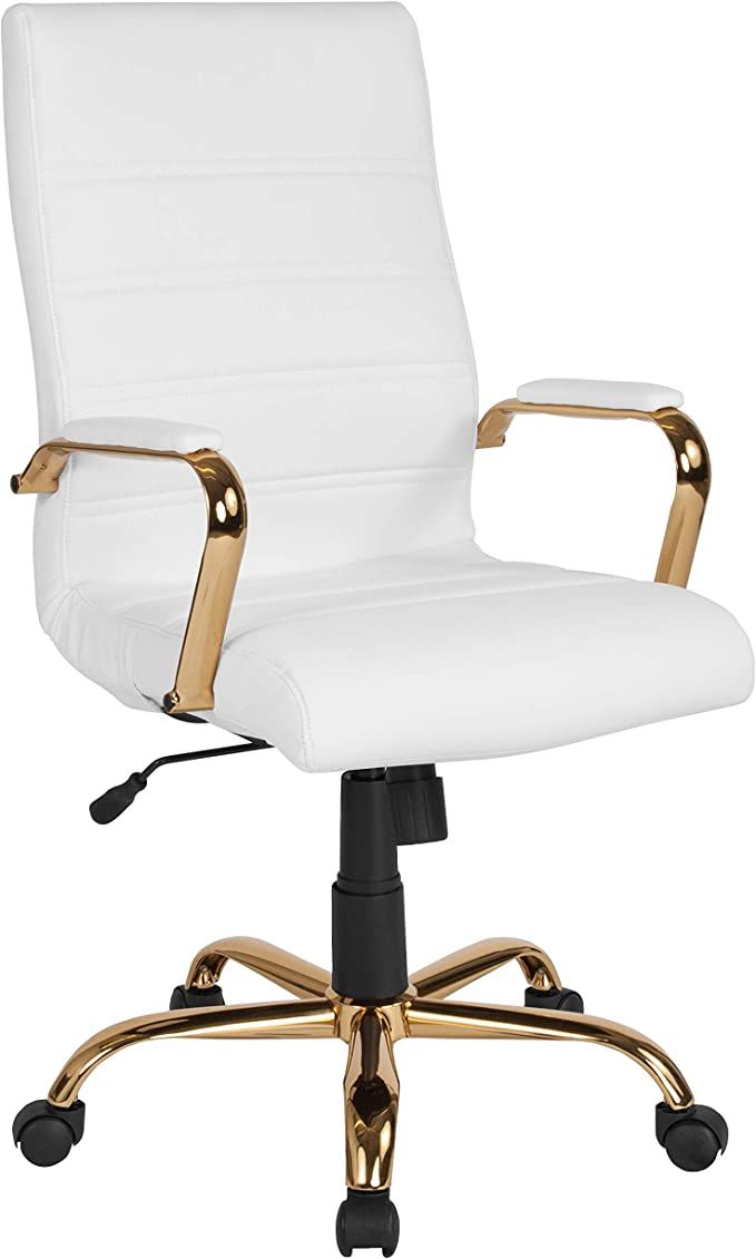 Flash Furniture High Back Desk Chair - White LeatherSoft Executive Swivel Office Chair with Gold ... | Amazon (US)