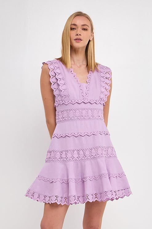 endless rose Women's Plunging Neck Lace Trim Mini Dress | Amazon (US)