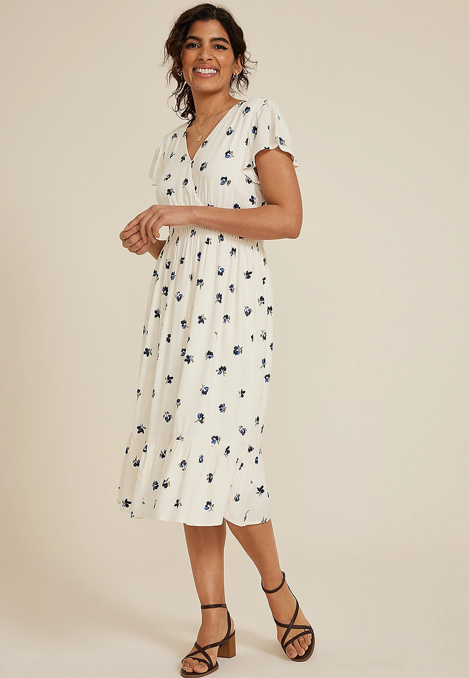 Flutter Sleeve V Neck Midi Dress | Maurices