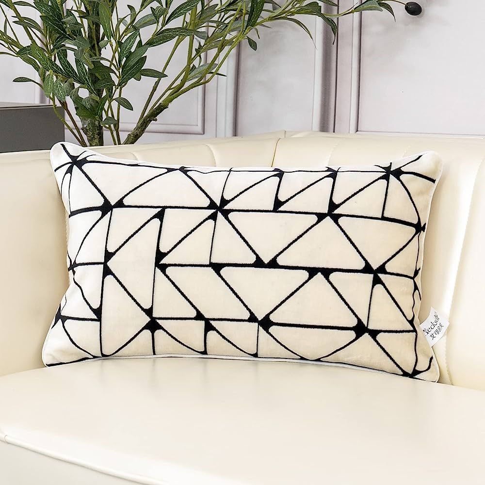 Aeckself 12 x 20 Inch White Geometric Black Plaid Stripes Cut Velvet Cushion Case Luxury Modern L... | Amazon (US)